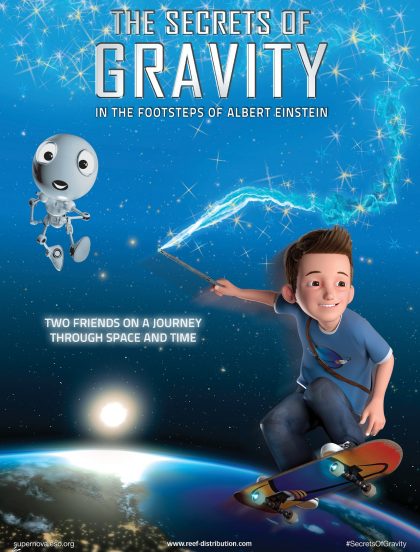 Poster for the planetarium show "The Secrets of Gravity" which follows two friends on a journey through space and time. Click here for German version.
